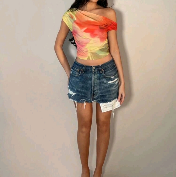 Women's Asymmetric Shoulder Print Cropped Top/Beach Resort Wear - Picture 4 of 4